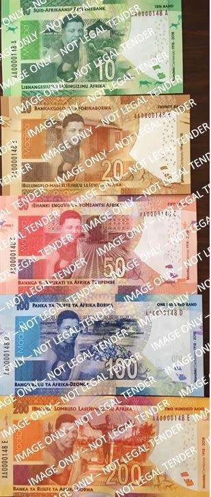 L Kganyago | Set of Nelson Mandela Centenary series ULTRA low-AA# same-numbered banknotes
