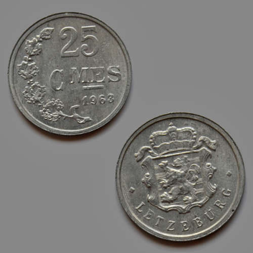 25 Centimes 1963 Luxembourg Coin - The coat of arms of Luxembourg is surrounded with the inscription