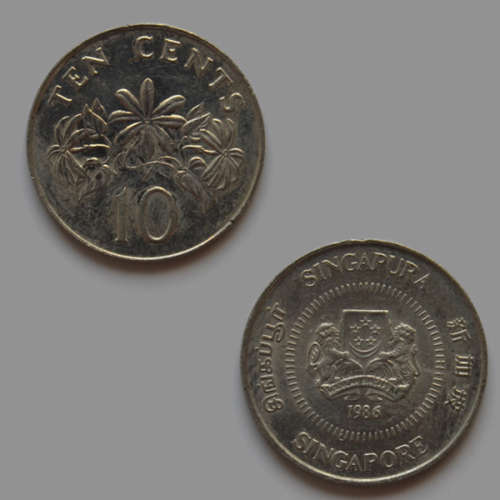 10 Cents 1986 Singapore Coin - Coat of arms of Singapore surrounded by the word "Singapore" in Singa