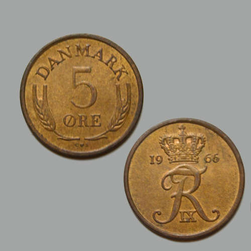 5 Ore Denmark 1966 Coin - Crowned monogram of Frederik IX