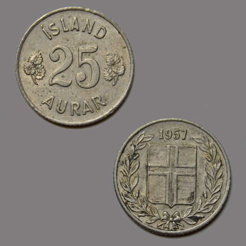 25 Aurar 1957 Iceland Coin - Icelandic coat of arms surrounded by a vegetable wreath