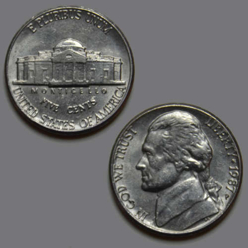 USA 5 cents, 1987 Jefferson Nickel Mintmark P - Philadelphia Coin