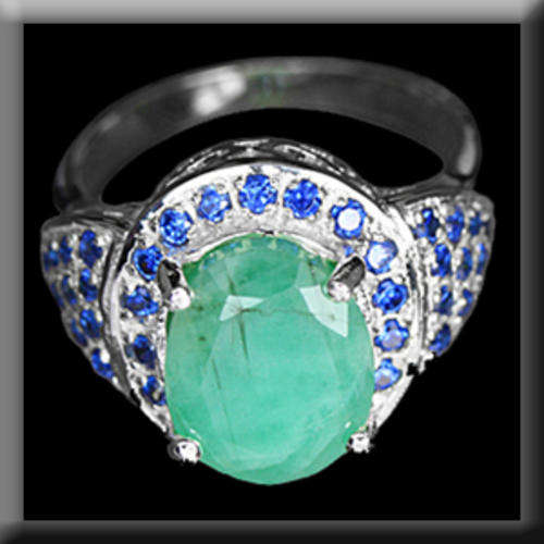 Green Emerald and Blue Sapphire Silver Ladies Ring