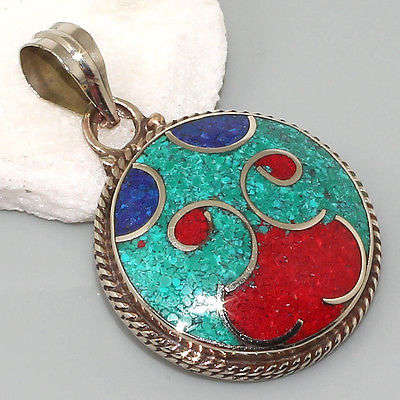 Turquoise, Red Coral, Lapis & 925 Silver Nepal Tribal Pendant 46mm + FREE .925 Sterling Silver Chain