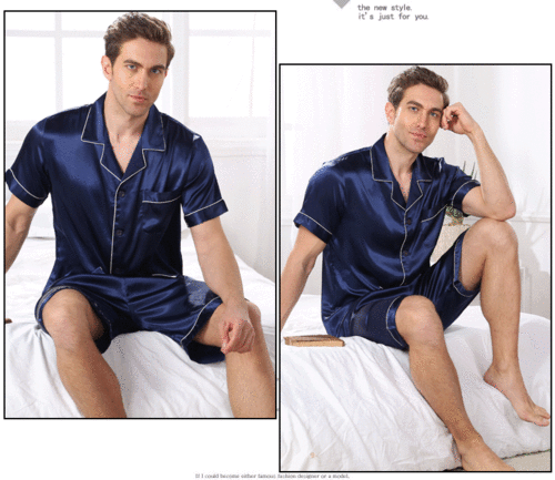 Plus Size Blue Ice Silk Men`s Pajama Set