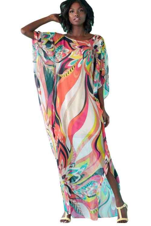 Artistic Colorful Floral Print Chiffon Beach Kaftan Smock - Beach Dress