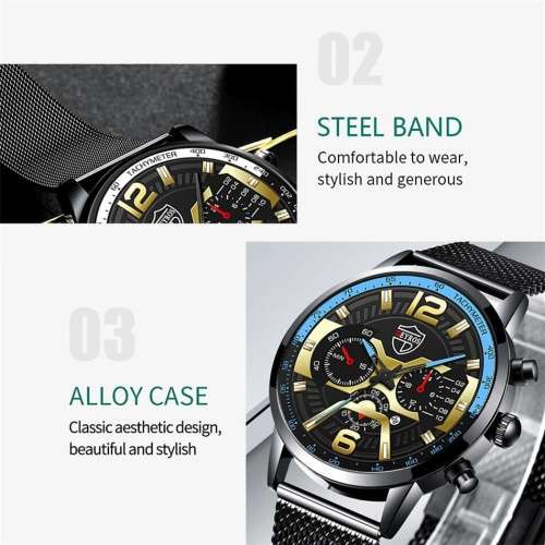 DEYROS Men`s Mesh Steel Black With White Watch