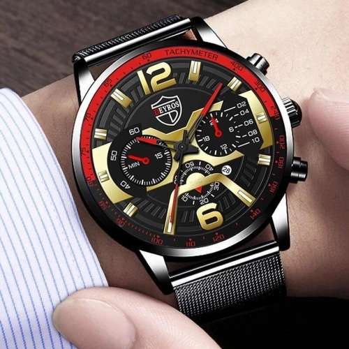 DEYROS Men`s Mesh Steel Black With Red Watch