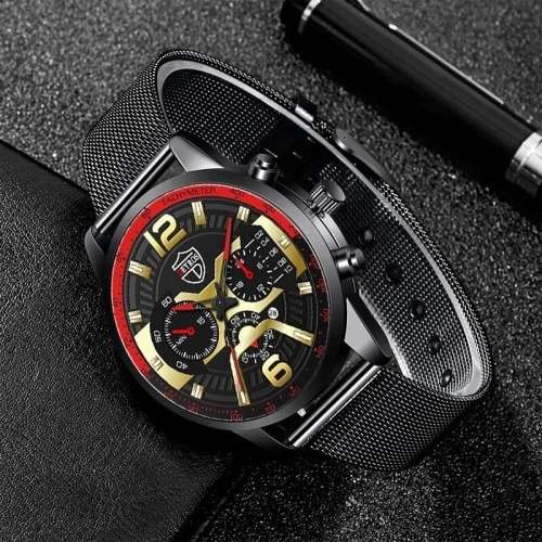 DEYROS Men`s Mesh Steel Black With Red Watch