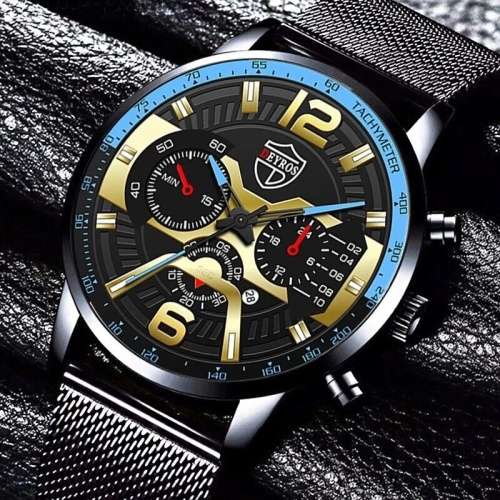 DEYROS Men`s Mesh Steel Black With Blue Watch