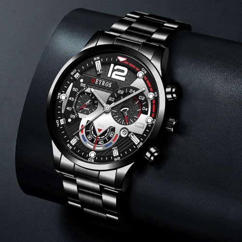 DEYROS Luxury Men`s Stainless Steel Watch - Black with Silver