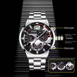 DEYROS Luxury Men`s Stainless Steel Watch - Black with Silver