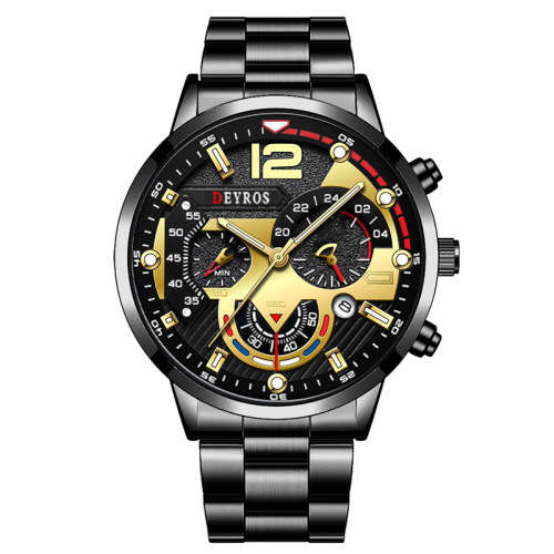 DEYROS Luxury Men`s Stainless Steel Watch - Black with Gold