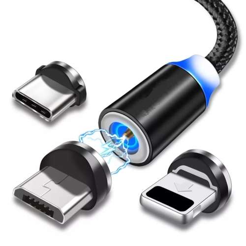 Magnetic USB Cable Fast Charging USB Type-C, Micro USB and iPhone 3 in 1 Cable