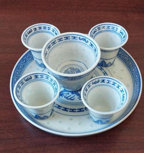 Blue and White Chinese Tea Cups on Serving Tray