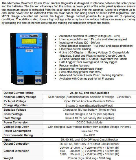 Microcare 60 Amp LCD MPPT Solar or Wind Charge Controller