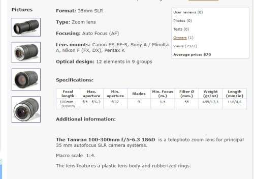 Tamron  Zoom 100 -300mm Camera Lens