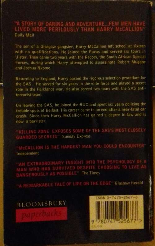 KILLING ZONE ..HARRY.McCALLION ..PARA ,SA RECCE , SAS , RUC ..Great book hard to find ..