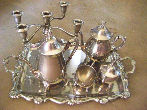 GREAT SP TEA SET IN TRAY WITH 5 CANDLE CHANDELIER.