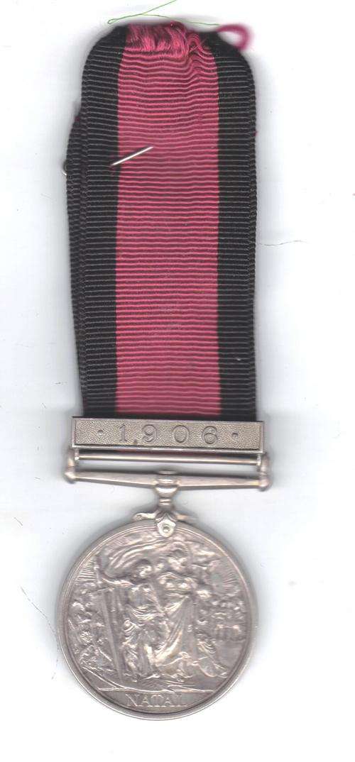 1906 NATAL REBELLION MEDAL AWARDED TO PTE D W MCTYRE NATAL ROYAL REGIMENT.