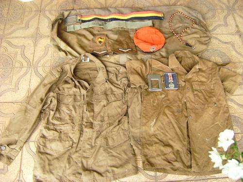 SADF MILITARY POLICE KIT LOT, BAG, BELTS, BERET, RANK, SERVICE MEDAL, LANYARD, MED JACKET