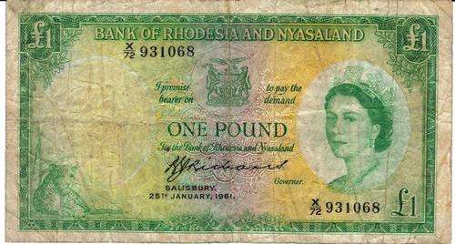 25 TH JANUARY 1961 SALISBURY BANK OF RHODESIA AND NYASALAND 1 POUND NOTE