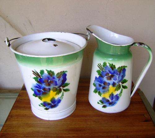 VINTAGE RAISED ENAMEL BUCKET WITH LID AND JUG