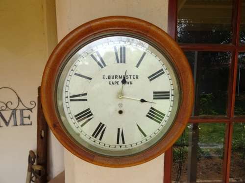 ANTIQUE MAHOGANY STATION CLOCK CASE CONVERTED TO BATTERY.