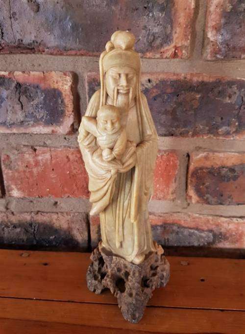 RARE ANTIQUE SOAPSTONE WISE MAN WITH BABY CARVING 260 MM HIGH