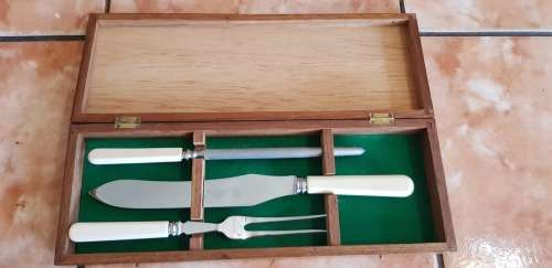 VINTAGE MINT BONE HANDLE CARVING SET