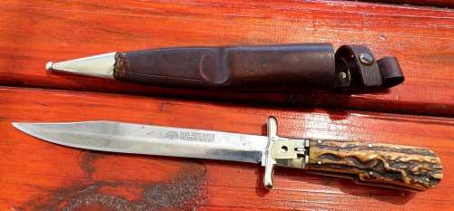 POST WAR 1950`S CARL SCHLIEPER EYE BRAND FOLDING HUNTING BOWIE 310 MM TOTAL BLADE 190 MM