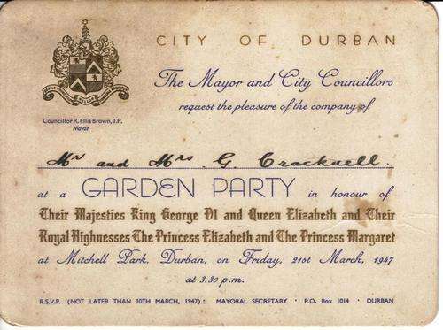RARE KING AND QUEEN IVITATION TO DURBAN GARDEN PARTY 21ST MARCH 1947