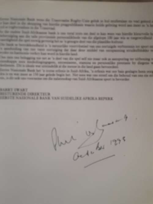 Springbok Autographs + Transvaal Rugbyvoetbal Unie 100 Jaar