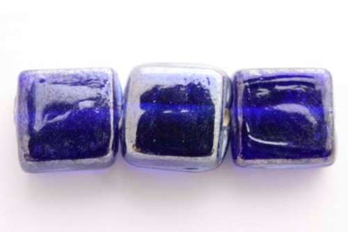 Indian glass beads, square, medium to dark blue AB, 13mm, 5pcs