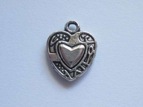 Charm heart, 16mm, antique silver, 1pc
