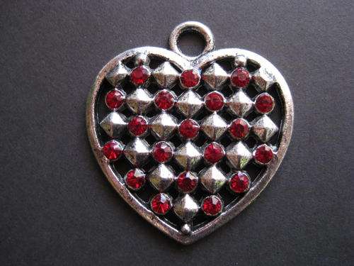 ~SALE~Heart pendant with red rhinestones, 32x35mm, 1pc