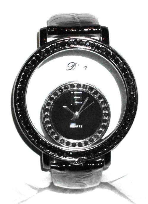 " LADIES FASHION WATCH " - DIVA STYLING - UNUSUAL DETAILING & BLACK COLOUR STRAP