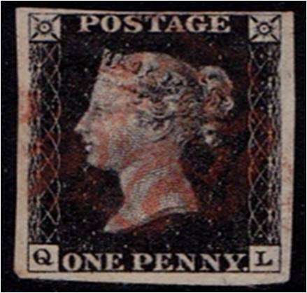 GB QV  1d BLACK  Very fine used  SG 2   4 clear margins Red Maltese cancel