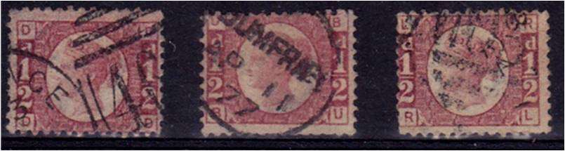 GB QV   3 x 1/2d  rose  defn  SG 49  Plates 4, 5 & 6   good used