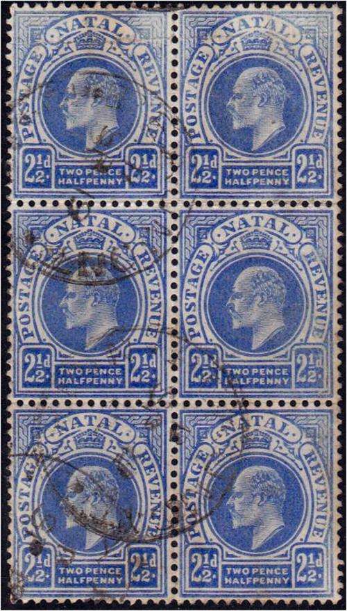 Natal KE VII 6 x 2 1/2d  SACC 113  Fine used - some splitting in block