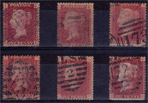 GB QV  6 x 1d reds  Plates 79, 102, 123, 141, 178 & 201  good used