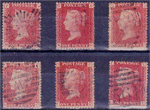 GB QV  6 x 1d reds  Plates 79, 99, 125, 150, 185 & 204  good to fine used.