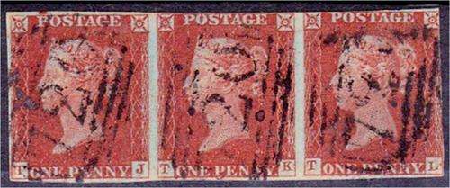 GB QV  Strip of 3  x 1d Reds  imperf  SG 8  Fine used