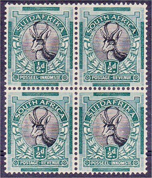 Union  1/2d SACC  42g   Bl x 4  MM - with variety " Cobweb between horns"