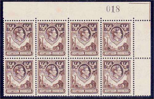 N Rhodesia  KG VI  1/2d  defn  SACC 26 sheet no. block of 8  MNH