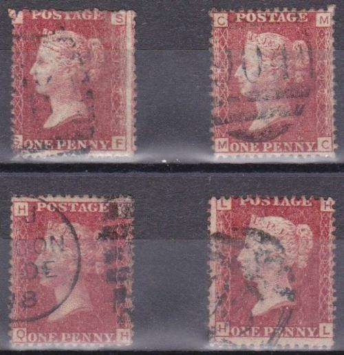 GB QV  4 1d reds  Plates  199, 200, 203 & 204  fine used