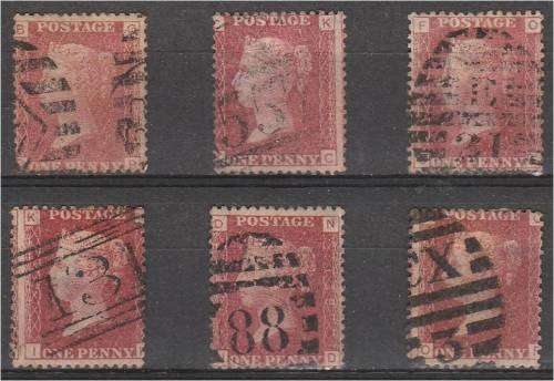 GB QV 6x 1d reds plates 96, 102, 116, 127, 138 & 169  good used