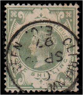 GB QV 1/- dull green  defn  SG 211 very fine used