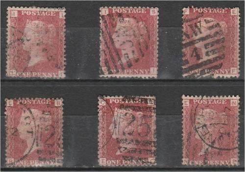 GB QV 6x 1d reds plates 97, 101, 156, 162, 171 & 178  good used
