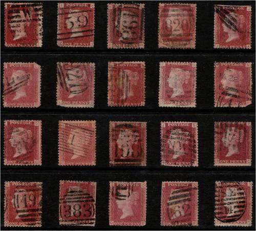 GB QV 20  1d reds  plate  92  mixed condition - for plating